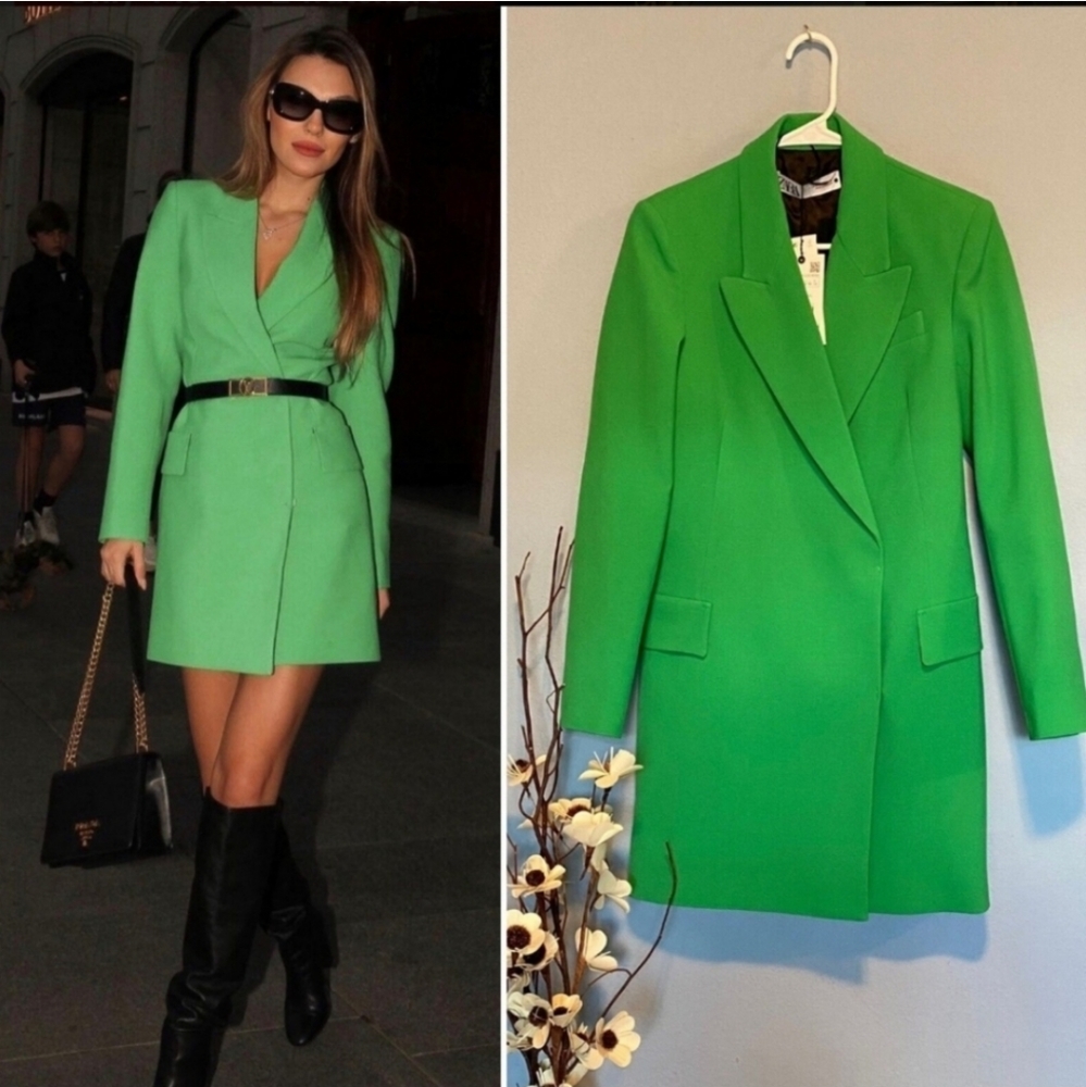 NWT ZARA DOUBLE BREASTED LONG BLAZER DRESS GREEN - Picture 1 of 16